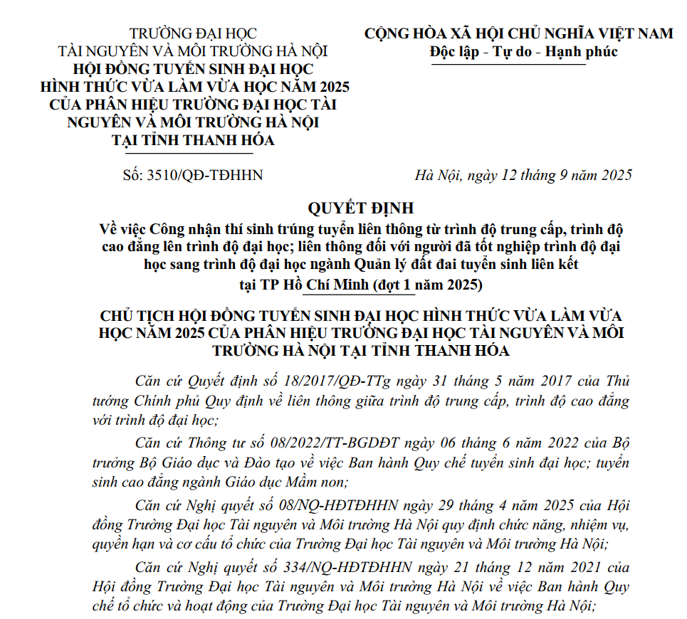 Quyết định công nhận trúng tuyển cho học viên đại học liên thông ngành Quản lý đất đai đợt 1 năm 2025